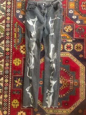 SHEIN Black Distressed Skinny Jeans with White Paint Detail